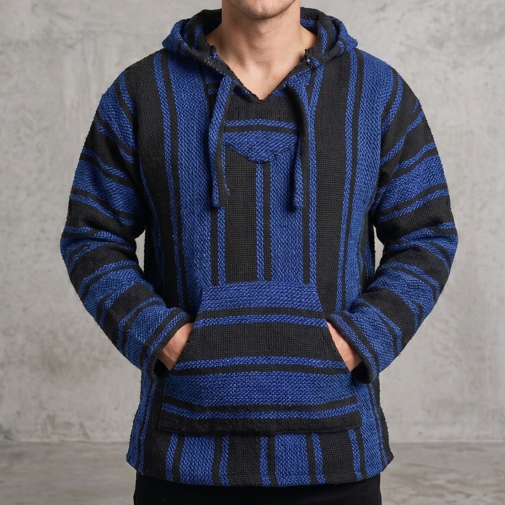 Unbranded Mens Large Blue Baja Hoodie Mexican Poncho Striped Jerga Pullover